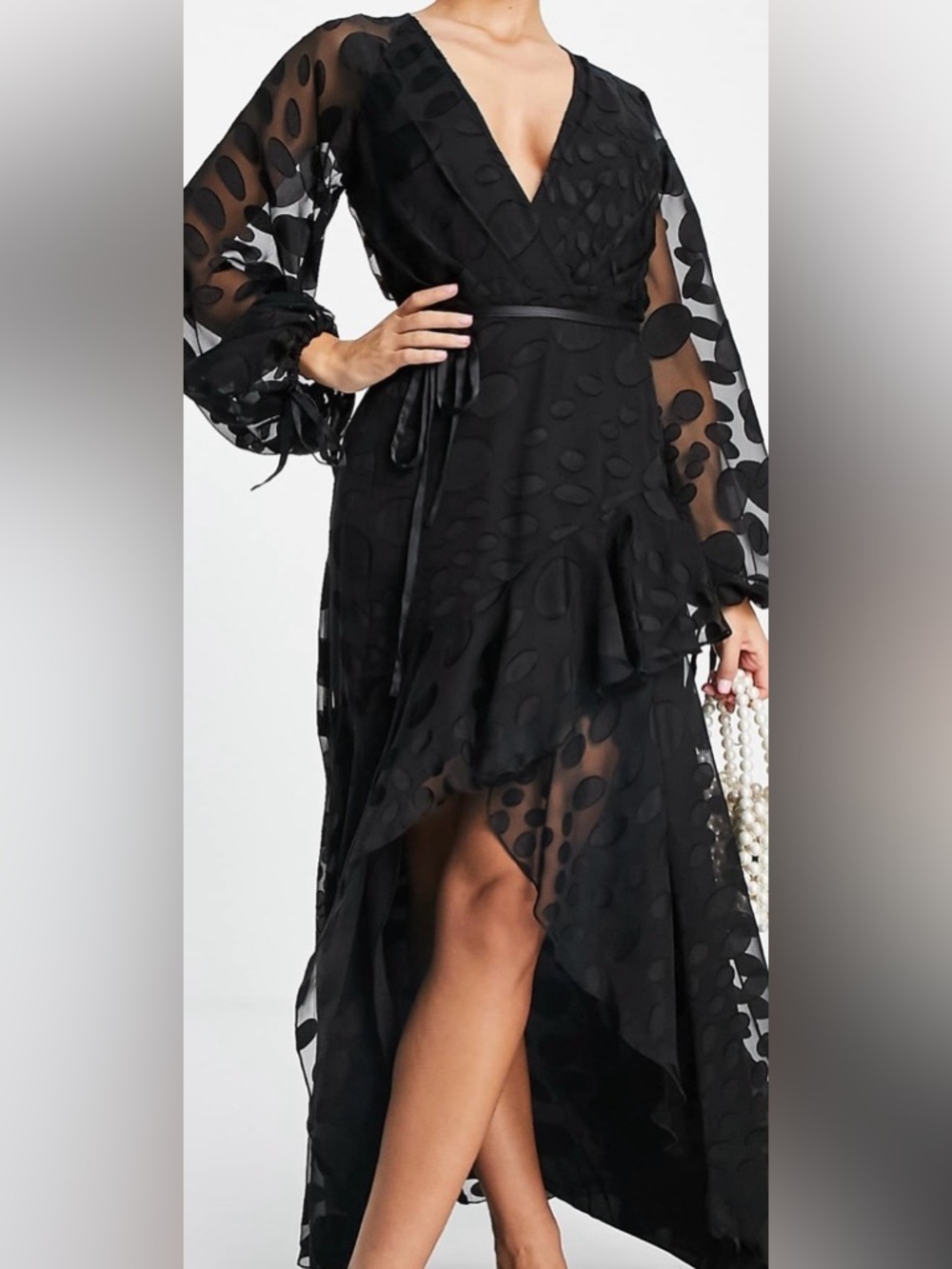 ASOS Black Sheer Polka-Dot Wrap High-Low Maxi Dress